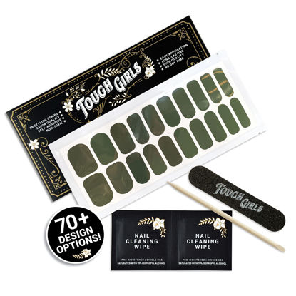 Picture of TOUGH GIRLS | Nail Polish Strips | 20 Stylish Strips | Brighter, Thicker, Tougher | Includes Cuticle Stick, Nail File, & Nail Wipes (Dark Green)