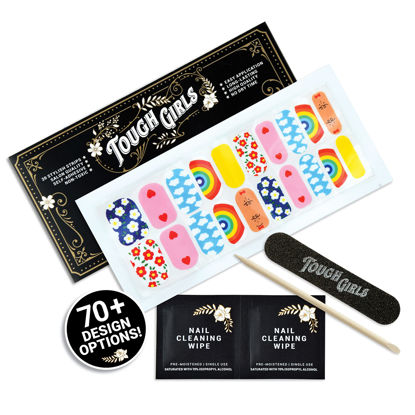 Picture of TOUGH GIRLS | Nail Polish Strips | 20 Stylish Strips | Brighter, Thicker, Tougher | Includes Cuticle Stick, Nail File, & Nail Wipes (Rainbow, Clouds & Flowers)