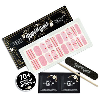 Picture of TOUGH GIRLS | Nail Polish Strips | 20 Stylish Strips | Brighter, Thicker, Tougher | Includes Cuticle Stick, Nail File, & Nail Wipes (Pink Glitter, Dots, Hearts & Lines)