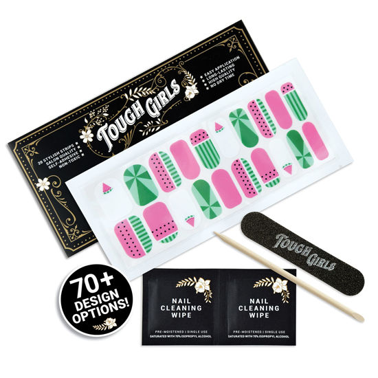 Picture of TOUGH GIRLS | Nail Polish Strips | 20 Stylish Strips | Brighter, Thicker, Tougher | Includes Cuticle Stick, Nail File, & Nail Wipes (Watermelon)