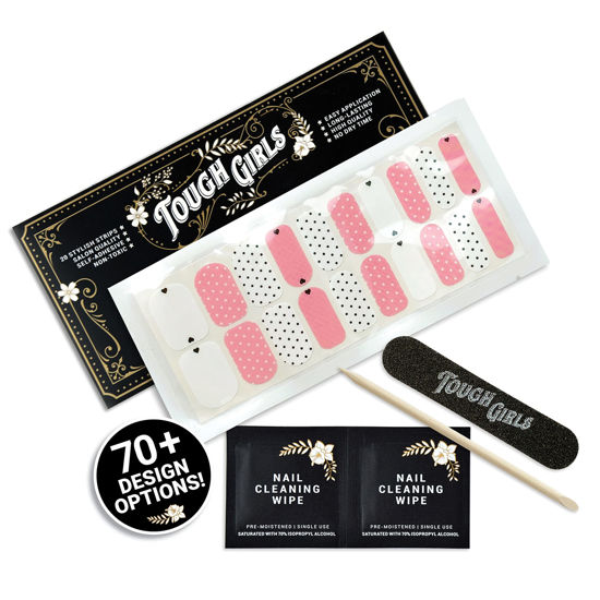 Picture of TOUGH GIRLS | Nail Polish Strips | 20 Stylish Strips | Brighter, Thicker, Tougher | Includes Cuticle Stick, Nail File, & Nail Wipes (Pink, White, Black, Dots & Hearts)