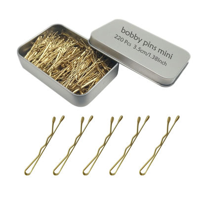 Picture of 220 Count Mini Wavy 1.38 Inch Blonde Bobby Pins, YINGFENG Small Gold Hair Clips with Storage Box for Updos, Metal Hair Clips for Kids, Girls and Women, Suitable for All Hair Types