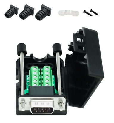 Picture of DTECH DB9 Breakout Connector DB-9 Male RS232 Serial Adapter Solderless Module Board with Screw Terminals Block, Case, Long Bolts and Tail Pipes (DB9 Male + Long Bolts)