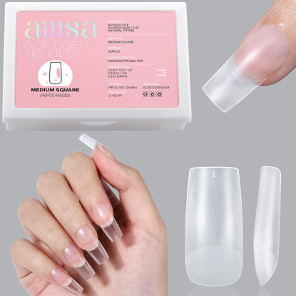 Picture of AILLSA Medium Square Nail Tips - Upgraded Matte Soft Gel Full Cover Nail Tips No Filed, 240Pcs Pre-shaped Gelly Tips Acrylic Clear Fake Press On Nail Tips for Soak Off Nail Extension 10 Sizes