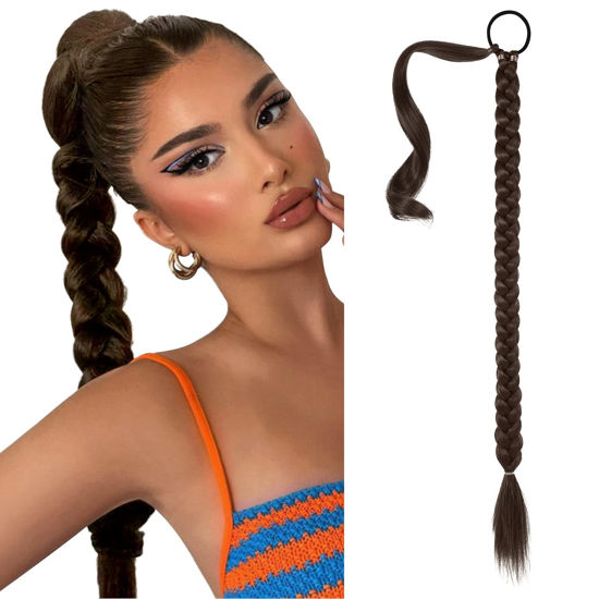 Picture of SEIKEA Long Braided Ponytail Extension with Hair Tie Straight Wrap Around Hair Extensions Ponytail Natural Soft Synthetic Hair Piece Daily Wear 30 Inch 160 Gram Black Mixed with Browns