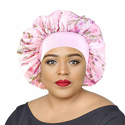 Picture of Silk Bonnets for Black Women Jumbo Sleeping Cap for Natural Hair Floral Print Wide Band Shower Night Cap