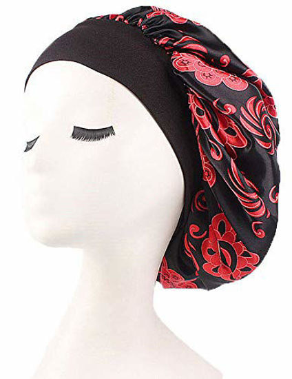 Picture of Silk Hair Bonnets for Black Women Jumbo Sleeping Cap for Natural Hair Floral Print Wide Band Nightcap