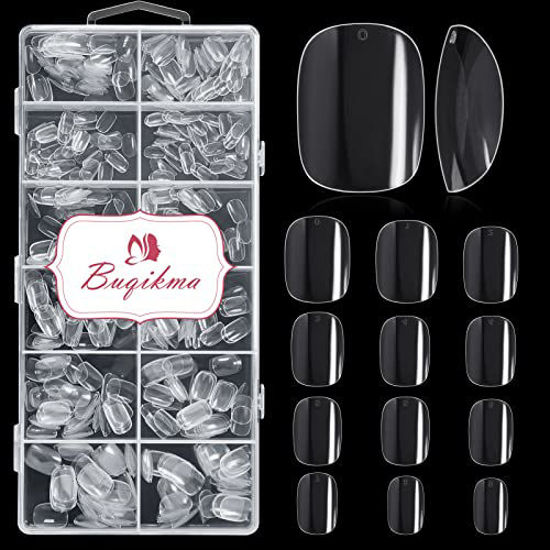 Picture of Buqikma Short Round Nail Tips - 600PCS Square Short False Nails Short Acrylic Clear Tips Half Cover for DIY & Salon