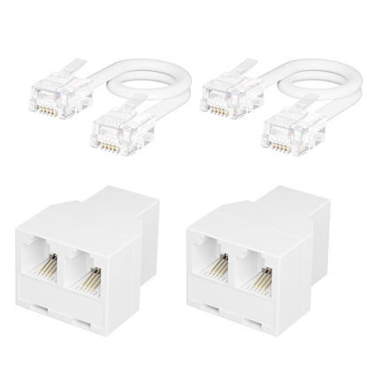 Picture of Uvital Phone Jack Splitter, Phone Line Splitter for Landline Telephone, RJ11 6P4C 1 Female to 2 Female Adapter, Comes with 4 Inch Cable(White,2 Pack)