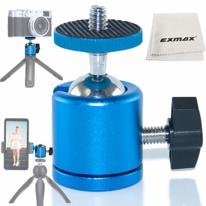 Picture of EXMAX Mini Ball Head Aluminum Alloy Tripod Ball Head with 1/4" Screw Thread Base Mount 360 Degree Rotatable for Monopods DSLR Cameras HTC Vive Camcorder Light Stand Ring Light Max. Load 4.4lbs (Blue)