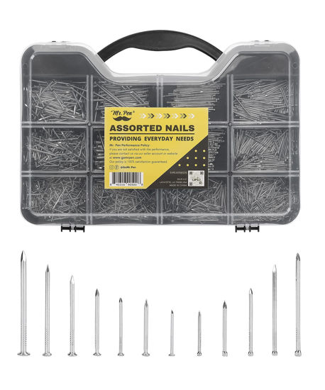 Picture of Mr. Pen- Nail Assortment Kit, 1500 Pcs, Assorted 12 Sizes Brad Head and Flat Head Nails, Small Nails for Hanging Pictures, Picture Hanging Nails, Finishing Nails, Picture Nails, Hardware Nails