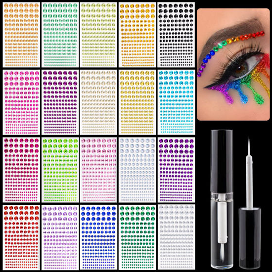 Picture of 3940 Pcs of Rhinestone Stickers 3/4/5/6/8mm with 20 Colors Self Adhesive Face Gems, Stick on Body Crystal Jewels with Quick Dry Makeup Glue for Face Eye Hair Nails Make up and Craft DIY Decorations