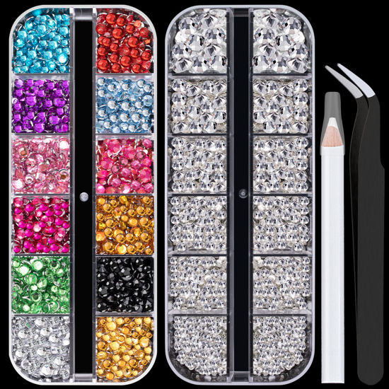 Picture of Flat Back Rhinestone Kits Colorful Rhinestones+Transparent White Gems With Picker Pencil And Tweezer For Home DIY And Professional Nail Art