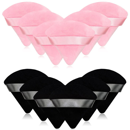 Picture of 12 Pieces Cosmetic Powder Puff,2.76 inch Portable Soft Sponge Setting Face Puffs,Triangle Velvet Powder Puff with Ribbon Band Handle for Loose Powder Body Powder Makeup Tool(Black,Pink)