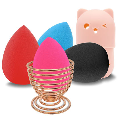 Picture of Makeup Sponge Holder Set,Makeup Blending Sponge Storage Drying Rack and Cute Silicon Sponge Carrying Travel Case with 4 Pieces Makeup Sponge Egg for Liquid and Powder