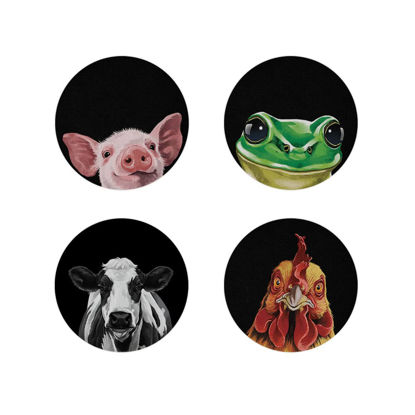 Picture of FINCIBO Set of 4 Pcs Round Microfiber Cloth Sticker with Design for Screens, Smartphones, Tablets, iPad, Camera Lens, Computers, Laptop - Baby Pig, Cochin Chicken, Black Spot Cow, Green Frog