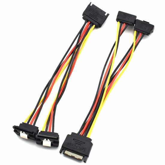 Picture of SDTC Tech 15 Pin SATA Power Splitter Adapter Cable Male to Dual Female 90-Degree Angle with Locking Latch Power Extension Cable (Copper/20cm Length) - 2 Pack