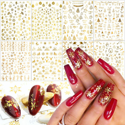 Picture of 8 Sheets Gold Snowflake Nail Art Stickers 3D Christmas Nail Art Decals Xmas Snowflakes Snowman Reindeer Santa Claus Nail Stickers for Women Girls Acrylic Nails Supplies Holiday Nail Decorations