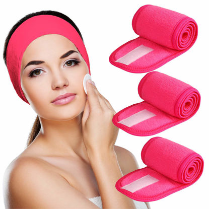 Picture of Denfany 3 Pack Makeup Headband, Ultra Soft Adjustable Spa Facial Headbands Terry Cloth Stretch Make Up Wrap for Face Washing, Bathing, Showers (Rose Red)