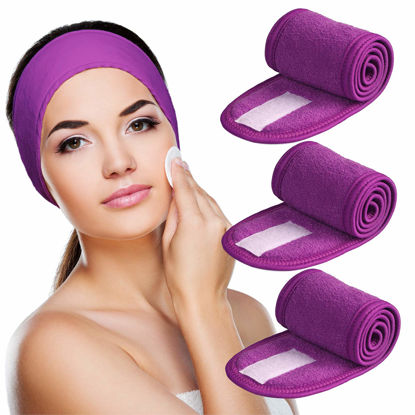 Picture of Denfany Spa Headband 3 Pack Ultra Soft Adjustable Face Wash Headband for Face Washing, Shower, Makeup and Sport (purple)