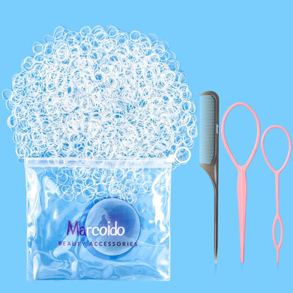 Picture of Small Clear Hair Rubber Bands, Marcoido1500pcs Clear Small Hair Elactics Braids Locs with Hair Loop Styling Tool Set 2Pcs Braid Tools 1Pcs Rat Tail Comb For Baby Toddlers Kids Men Women.(Clear small)