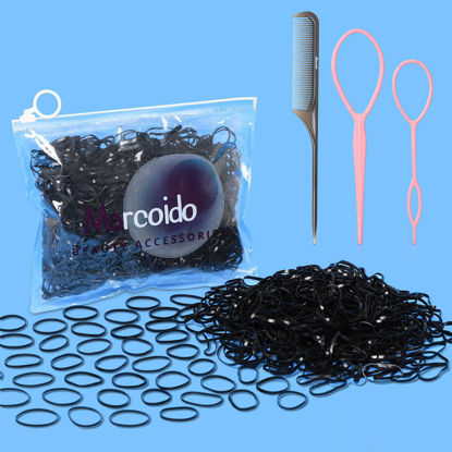 Picture of Black Hair Rubber Bands, Marcoido 1000pcs Big Bands Black Hair Elactics with Hair Loop Styling Tool Set 2Pcs Braid Tools 1Pcs Rat Tail Comb For Girls Women Kids Men.(Black+)