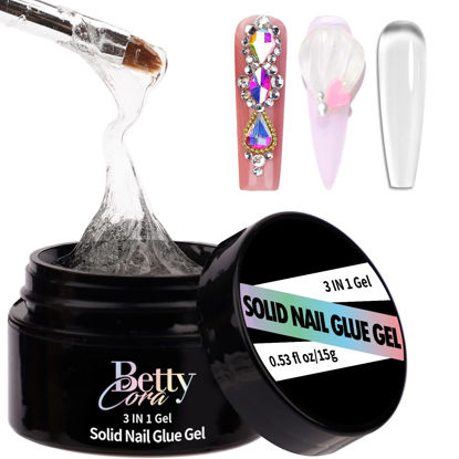 Picture of Solid Nail Glue Gel - BettyCora 3 in 1 Gel Nail Glue for Nail Tips Rhinestone Gel Glue for Nails 3D Sculpture Gel,15ML Super Strong Solid Nail Glue with Spoon, UV LED Lamp Needed