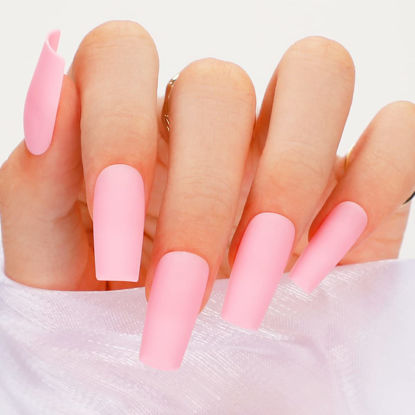 Picture of BettyCora Press on Nails, Medium Square Spring Summer Press Nails Acrylic Fake False Nails with Nail Glue Nail File 12 Sizes 24 Pcs Full Cover Nail Tips, Matte Barbie Pink