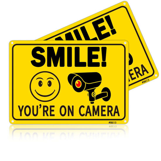 Picture of Smile Your on Camera Signs, Camera Signs for Home Security,Video Surveillance Signs Outdoor, Aluminum 7*10 inchs, Security Camera Sign for Security camera sign for home, Yard,Business, Driveway Alert, CCTV (2-Pack)