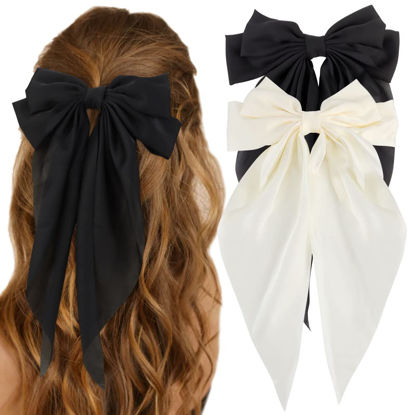 Picture of ATODEN Silky Satin Hair Bows 2 Pcs Big Hair Bows for Women Hair Ribbons Oversized Long Tail White Hair Bow Black Hair Bow Large Hair Barrettes for Women French Soft Ribbon Barrettes Metal Clips Bowknot Aesthetic Hairclips Cute Hair Accessories for W