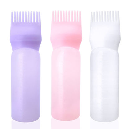 Picture of Cosywell Root Comb Applicator Bottle 6 Ounce Hair Dye Applicator Brush 3 Pack Applicator Bottle for Hair Root Comb Color Applicator Bottle with Graduated Scale(Pink White Purple)