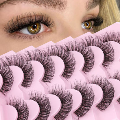 Picture of 3D False Eyelashes Natural Look Lashes Cat Eye Lashes with Clear Band Fluffy Wispy Faux Mink Eyelashes 16mm Strip Lashes by Focipeysa