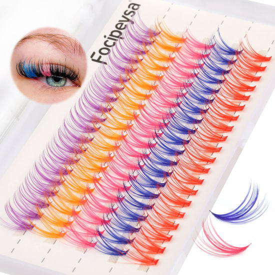 Picture of Focipeysa Colored Cluster Lashes C Curl 14mm With Mixed White Pink Blue Purple Red Individual Lashes DIY Eyelash Extension Natural Look Soft DIY at Home