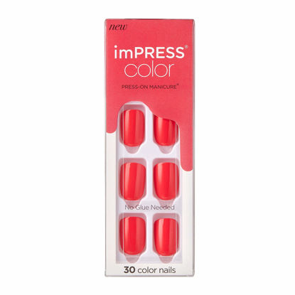 Picture of KISS imPRESS Color Press-On Manicure, Gel Nail Kit, PureFit Technology, Short Length, “Corally Crazy”, Polish-Free Solid Color Mani, Includes Prep Pad, Mini File, Cuticle Stick, and 30 Fake Nails