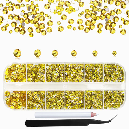 Picture of 2400Pcs Lemon Yellow Flatback Rhinestones for Crafts,Nail Gems Glass Flatback Rhinestones Gemstones Glass Diamonds Stones Bling Rhinestone with Tweezers and Picking Pen