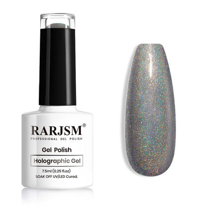 Picture of RARJSM Holographic Gel Nail Polish Grey Gorgeous Glossy Soak off Nail Gel with Glitter Mermaid Unicorn Effect Lamp Curing Required for Nail Art Design Manicure Salon DIY at Home