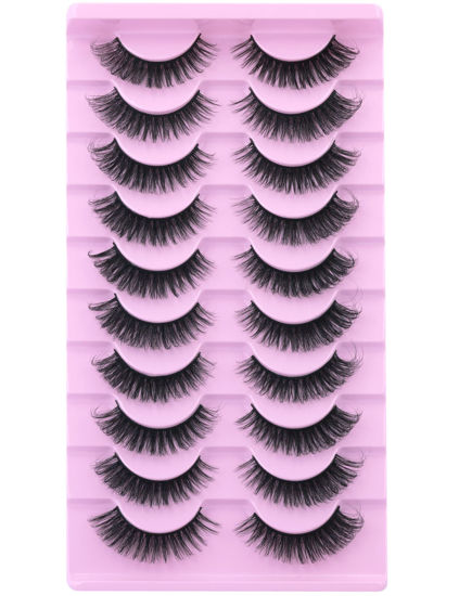 Picture of wiwoseo Russian Strip Lashes Extension Strip Hybrid Eyelashes Thick Volume Natural False Eyelashes Fluffy Mink Lashes Wispy Fiber Russian Strip lashes D Curl 10 Pairs Pack