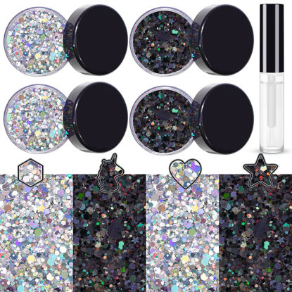 Picture of 4 Jars of Cosmetic Chunky Glitter Shimmer Body Face Hair Eye Party Beauty Makeup Temporary Tattoos Multicolored (32g/1.12oz) + Quick Dry Glitter Glue(5ml) Pack 3