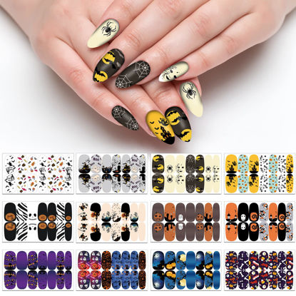 Picture of TailaiMei 12 Sheets Halloween Nail Wraps Stickers Nail Polish Strips Self-Adhesive Full Wraps with 2 pcs Nail Files for DIY Nail Art Decals (Specter Style)