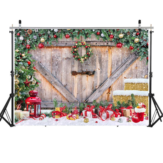 Picture of WOLADA 7x5FT Christmas Backdrop Christmas Barn Wood Door Backdrop Xmas Tree Snow Gift Wall Floor Party Photo Background Christmas Barn Door Decorations Backdrop Rustic Christmas Backdrop 12390