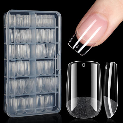 Picture of AILLSA Short Square Nail Tips Soft Gel Full Cover Clear Gelly Nail Tips Half Matte Acrylic Nail Tips Pre-Filed Fake Press on Nail Tips for Extension Nails Home DIY Salon Manicure Ideal Gifts 216PCS 12 Sizes