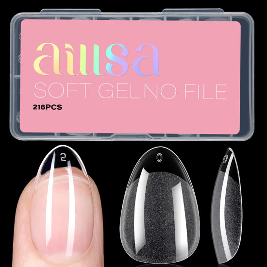 Picture of AILLSA Short Almond Nail Tips Soft Gel Pre-Shaped Acrylic Nail Tips Half Matte Full Cover Nail Tips Clear Gelly Press on Flase Nail Tips for Extension Nail Manicure Salon Home DIY Ideal Gifts 216PCS 12 Sizes