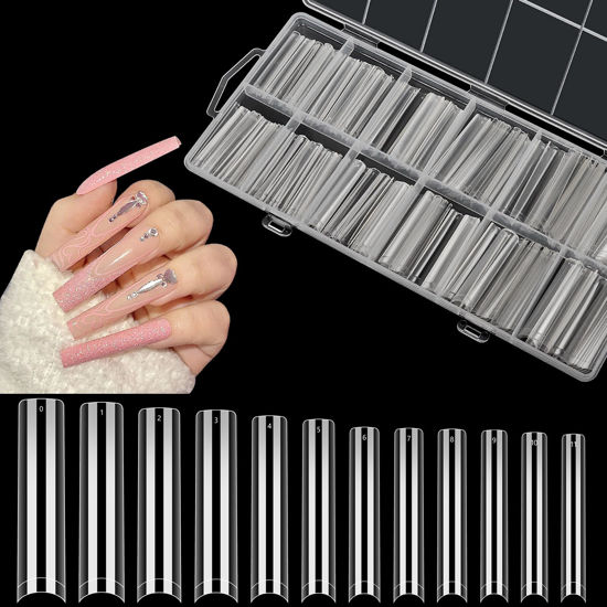 Picture of LIONVISON 3XL Clear NO C Curve Nail Tips for Acrylic Nails Professional, 240PCS Extra Long Tapered Square Nail Tips, 12 Sizes Straight Press On Gel Nail Tips for Nail Salons Home DIY