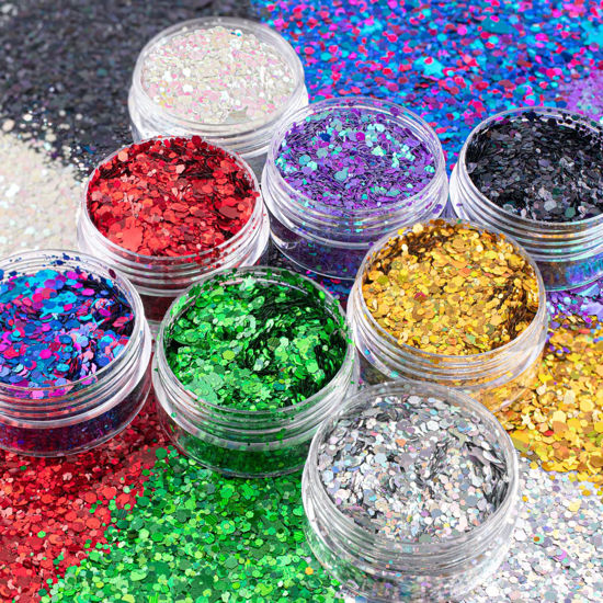 Picture of 8 Colors of Holographic Chunky Glitter No Glue Attached Pack 2, 8 Pots Total 80g Multi-Shaped for Body Hair Face Eyes Make-up, Nail Art and Bedazzling in Party/Concert/Events Glitter