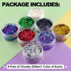 Picture of 8 Colors of Holographic Chunky Glitter No Glue Attached Pack 2, 8 Pots Total 80g Multi-Shaped for Body Hair Face Eyes Make-up, Nail Art and Bedazzling in Party/Concert/Events Glitter