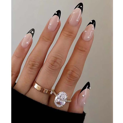 Picture of RikView French Tip Press on Nails Medium Acrylic Nails with Pearls Black Press on Nails Almond Fake Nails