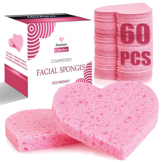 Picture of 60-Count Compressed Facial Sponges, 100% Natural Cosmetic Spa Sponges for Facial Cleansing, Exfoliating Mask (Pink Heart)