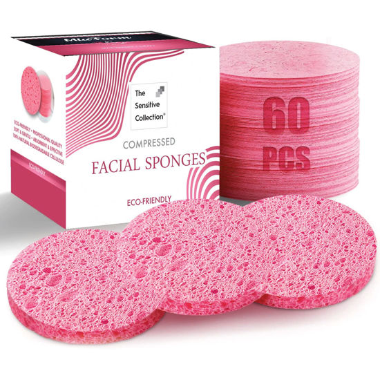 Picture of 60-Count Compressed Facial Sponges, 100% Natural Cosmetic Spa Sponges for Facial Cleansing, Exfoliating Mask(Pink)