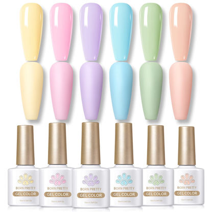 Picture of Born Pretty Pastel Gel Nail Polish Set Spring Summer Gel Polish Macaron Candy Sweet Color Gel Polish Easter Soft Pink Yellow Purple Blue Green Colors Collection Nail Art Gift Box 10ML 6PCS