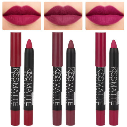 Picture of evpct 3Pcs Plum Purple Wine Red Matte Lip Sticks Crayon Lip Liner Lipstick Pencil Set for Women Long Lasting 24 Hour Waterproof Lip Liner and Lipstick Set labiales mate 24 horas originales 02&12&14